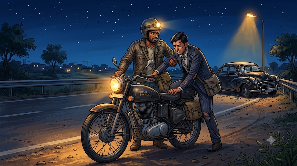 Rahul raat mein Aditya ko hospital le jaate hue motorcycle par - emotional friendship story hindi