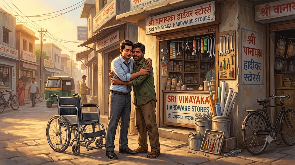 Aditya aur Rahul 10 saal baad dukaan ke bahar gale milte hue - dosti ki sacchi kahani