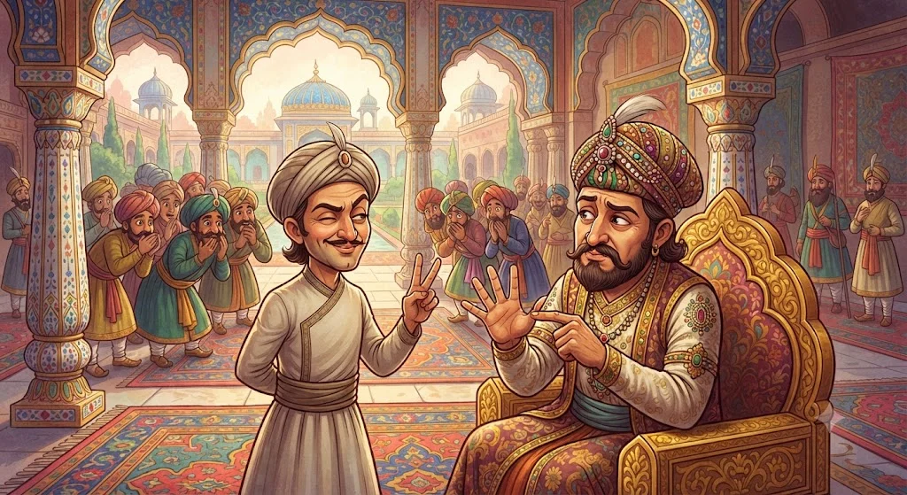 Birbal darbar mein muskurate hue Badshah Akbar ko hare ghode ki shartein batate hue - birbal ki chaturai