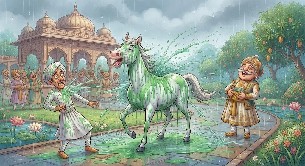Baarish mein hare rang se range ghode ka rang behta hua, hairaan Mirza aur hanste log - akbar birbal ki mazedar kahani