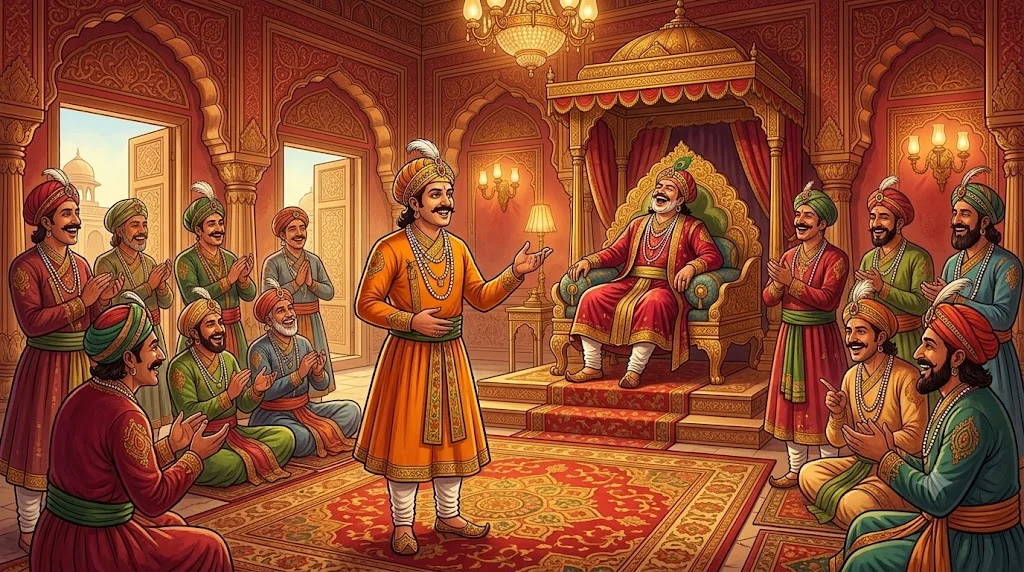 Birbal Akbar ke darbaar mein apna hoshiyar jawaab dete hue, sab hans rahe hain - akbar birbal wisdom story