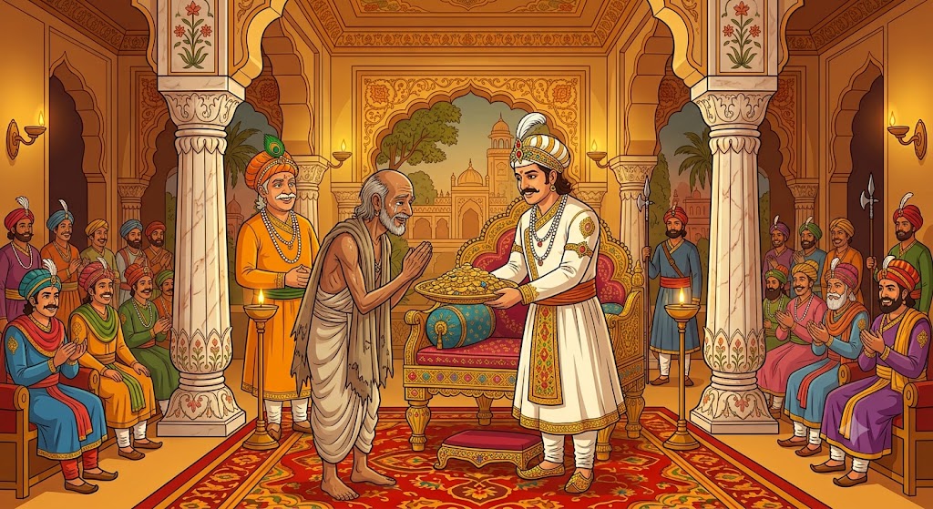Akbar Shambhu brahmin ko inam dete hue - Birbal muskurate hue - cartoon