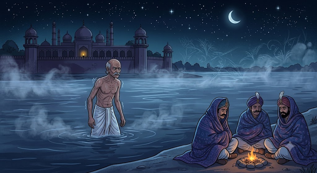 Shambhu brahmin sardi mein Yamuna nadi mein raat bhar khada raha - cartoon