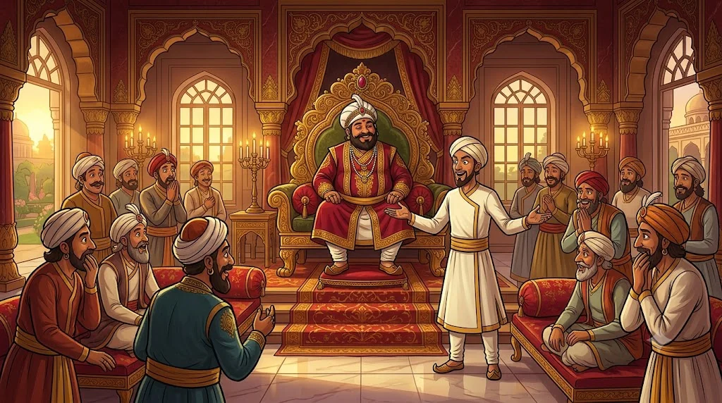 Birbal Akbar ke darbaar mein panch murkho ki kahani sunate hue - wisdom story hindi
