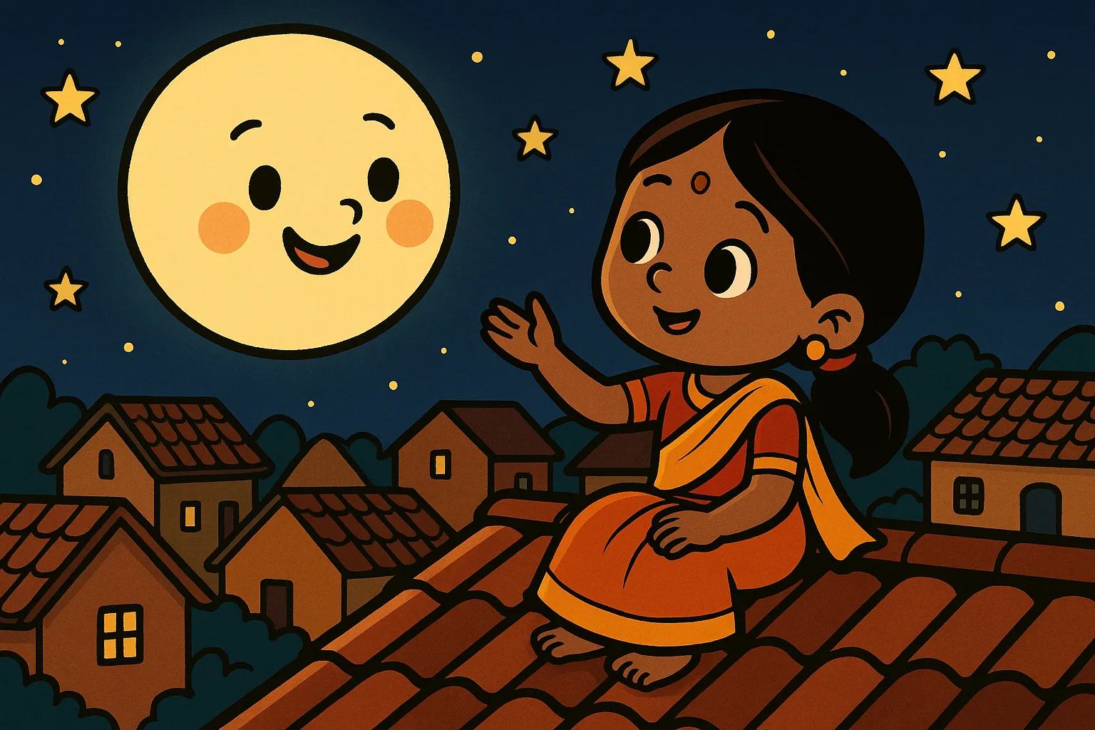 Gudiya chhat par chanda mama se baatein karti hui - cartoon
