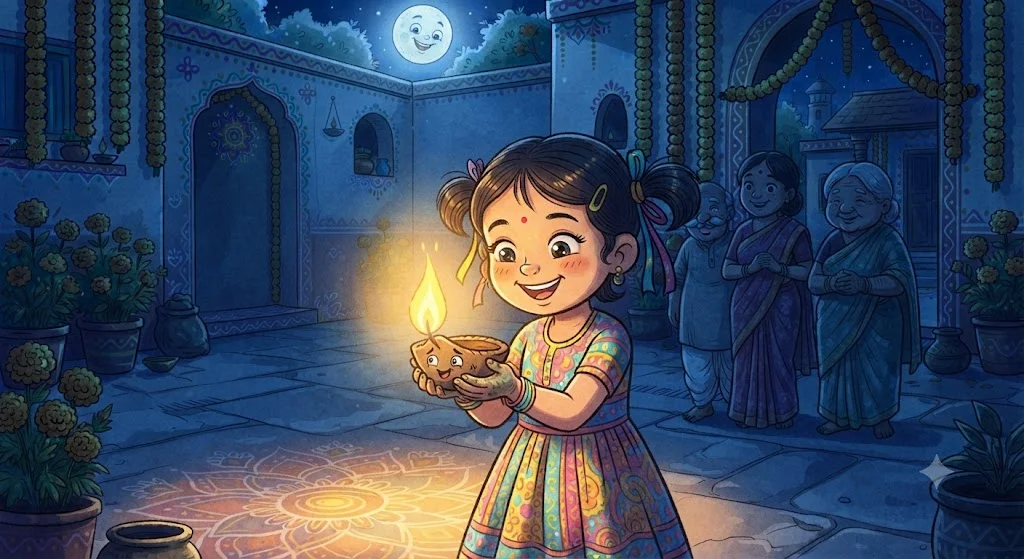 Andhere mein khidki par jalta hua chhota tedha diya aur khush Pihu - diye ki kahani bacchon ke liye