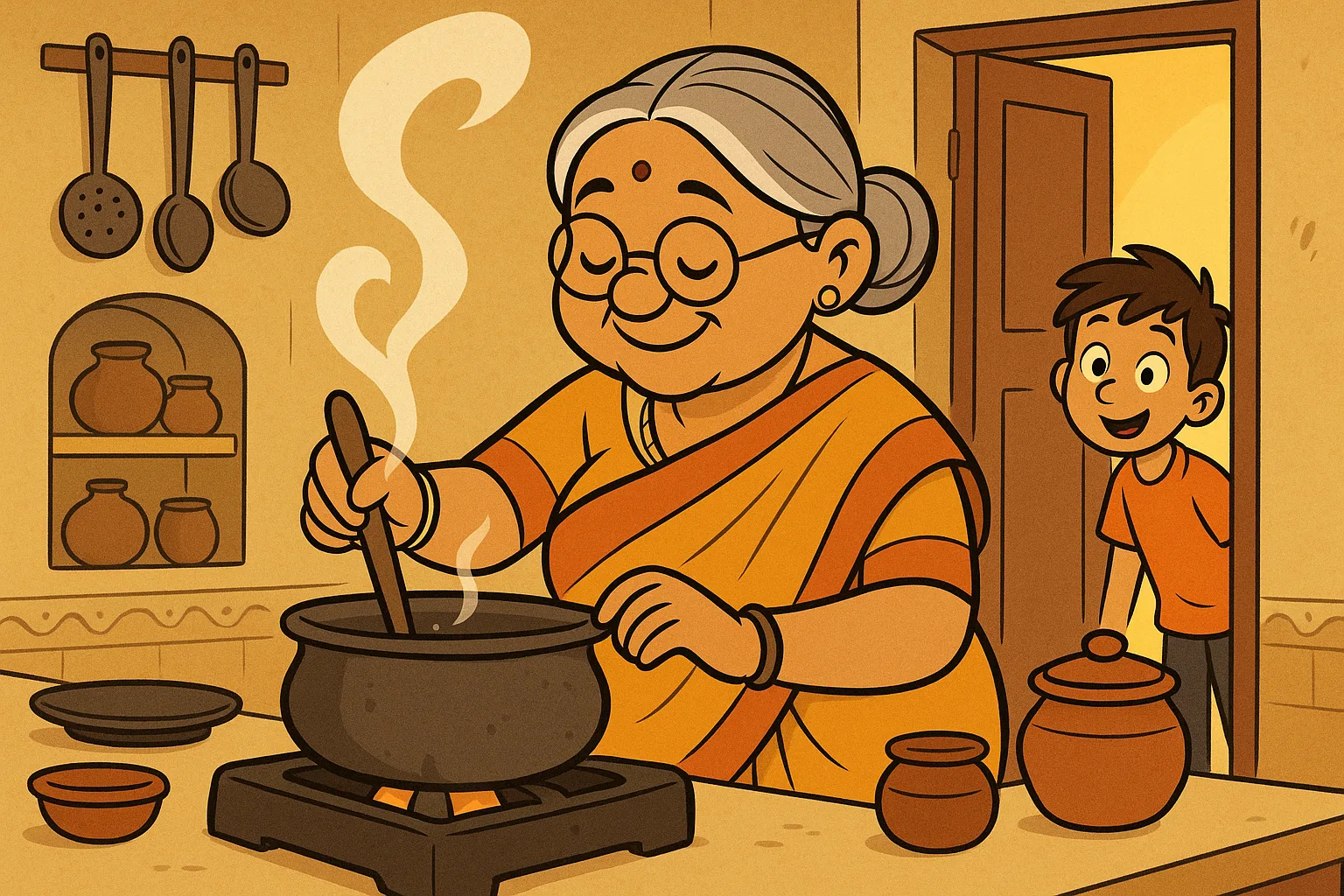 Dadi rasoi mein pyaar se khaana banati hui - cartoon