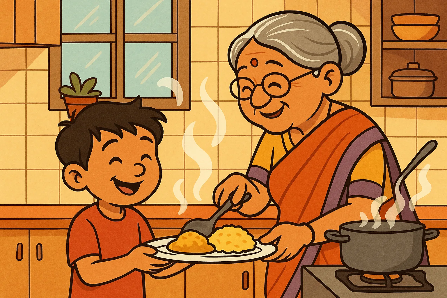 Dadi pyaar se plate mein khaana lagati hui - cartoon