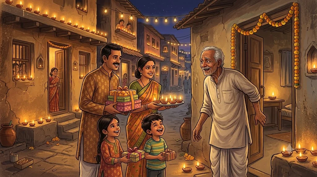 Kabir apne parivaar ke saath Ramu kaka ko diya aur mithai dete hue - diwali ki emotional kahani