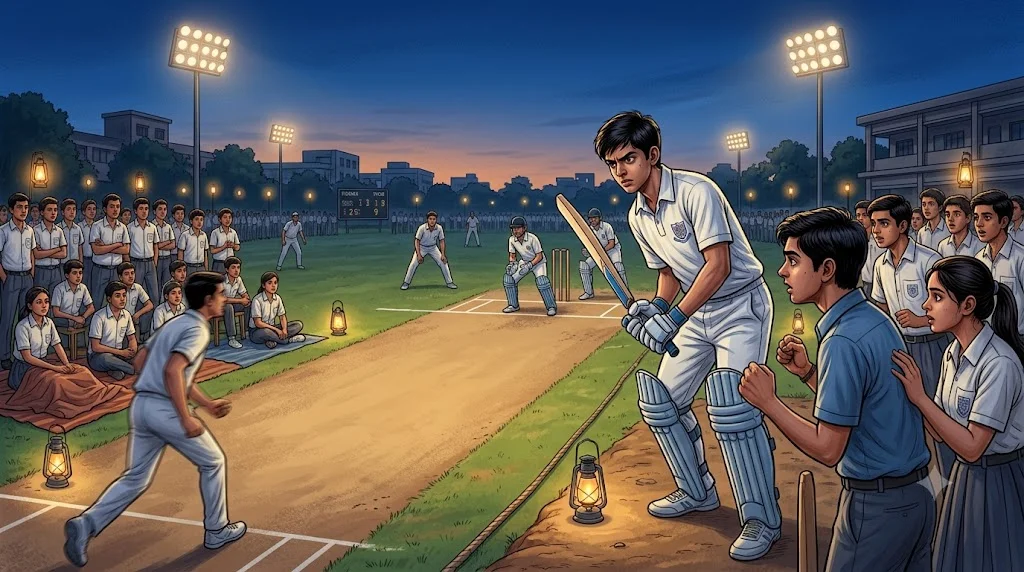 Dhruv match ke dabaav mein batting karte hue, Aarav boundary se dekhte hue - friendship story for teenagers