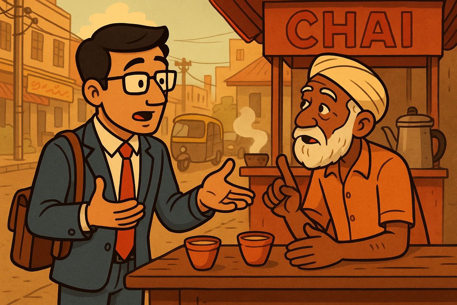 Ramdin chaiwala aur Vikram CEO - chai ki dukaan par - cartoon