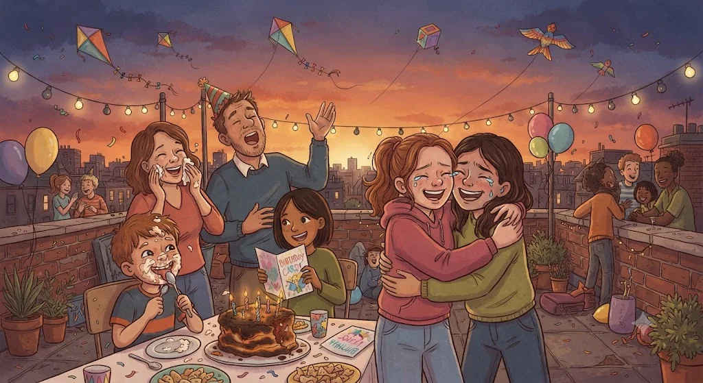 Riya ka parivaar, Tanya aur Neha chhat par tedhe cake aur chhoti lights ke saath birthday manaate hue, sab hanste hue - teenager motivational story hindi