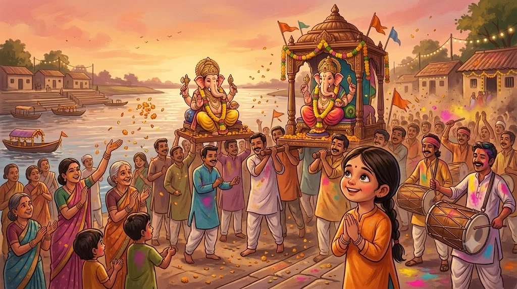 Aditi khushi se Ganpati visarjan ke jaloos mein Bappa ko vidaai dete hue - ganpati bappa morya kahani