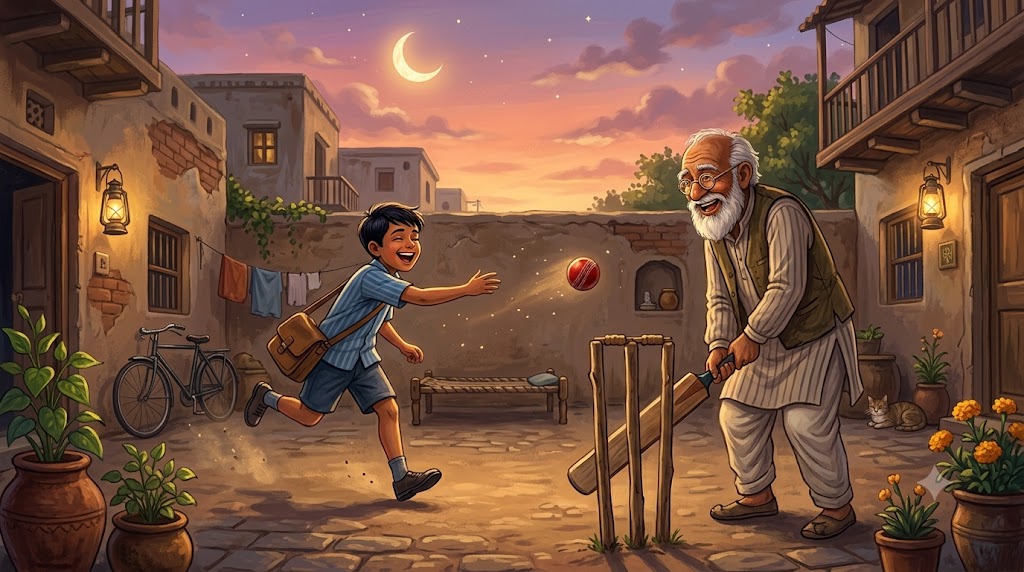 Veer aur Dadaji shaam ko aangan mein cricket khelte hue - dadaji ki kahani - moral story for kids in hindi