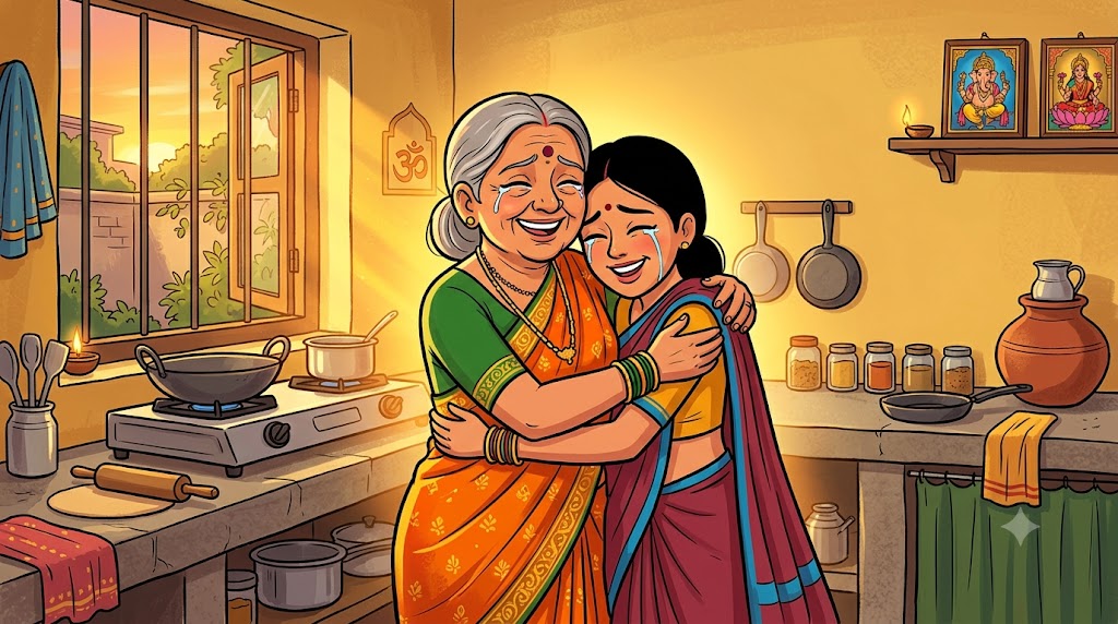 Saas bahu gale milte hue - maafi ka lamha - cartoon
