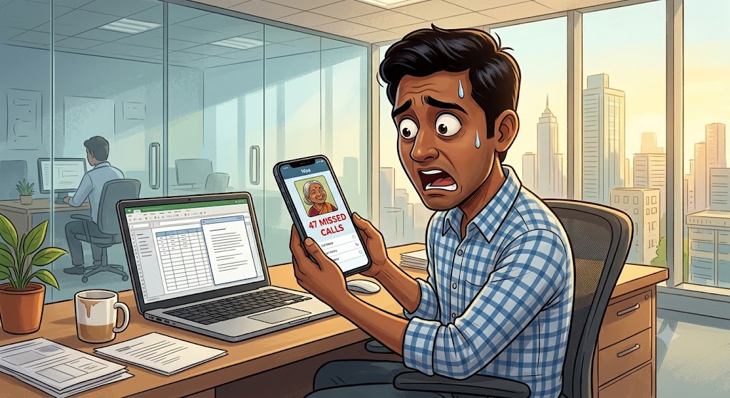 Vikram office mein phone dekh raha hai - 47 missed calls Maa - panic - cartoon