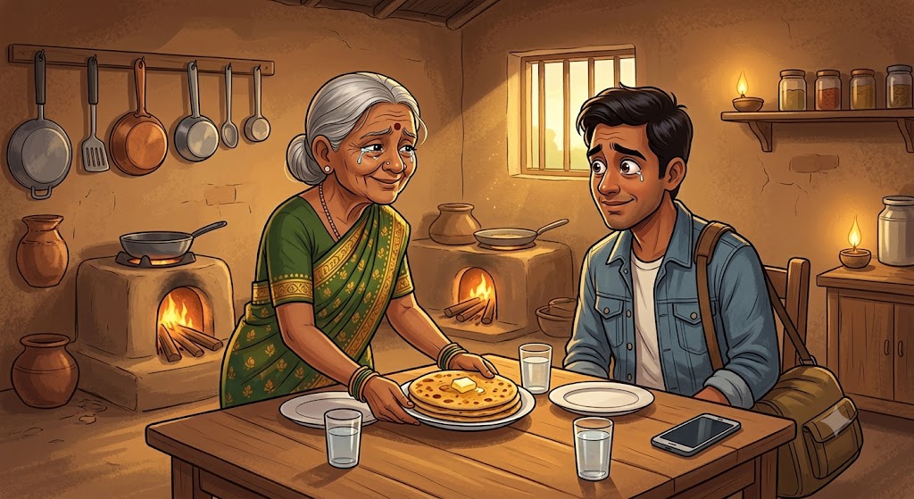 Vikram ghar aaya, Maa khush hokar khana parosta hai - warm family scene - cartoon