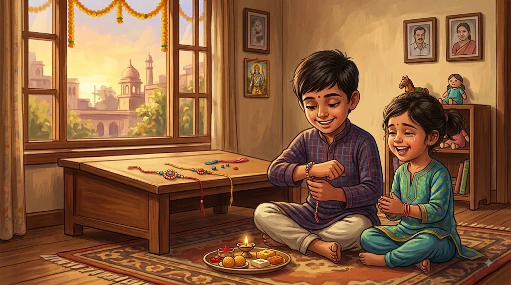 Dev khushi se Mishti ki haathon wali rakhi baandhte hue - bhai behen ki kahani hindi