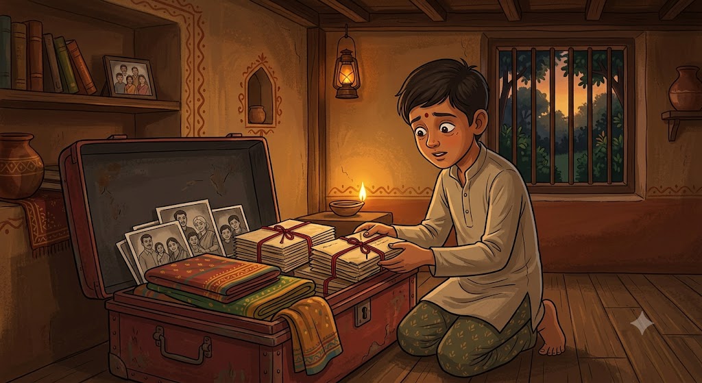 Purana lal sandook aur andar se letters ka bundle - cartoon illustration