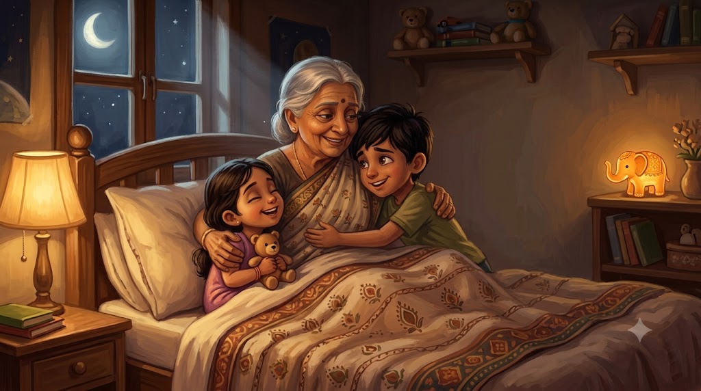 Kabir Myra se maafi maangte hue, Nani dono ko gale lagate hue - janmashtami bedtime story with moral hindi