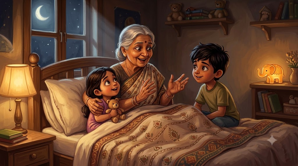 Nani Kabir aur Myra ko raat mein Kanha ki makhan chori ki kahani sunate hue - bedtime story hindi