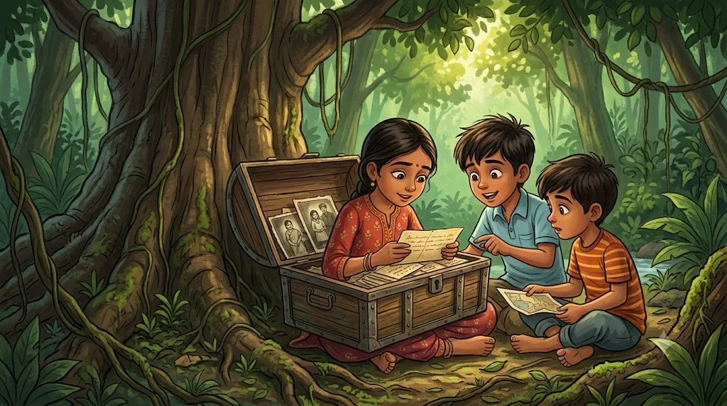 Teeno dost purani peti mein chitthiyan dekhte hue - khazane ka raaz kahani