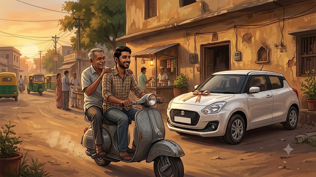 Papa aur beta purane scooter pe chai ki tapri jaate hue, ghar ke bahar nayi car khadi hai - father son story in hindi