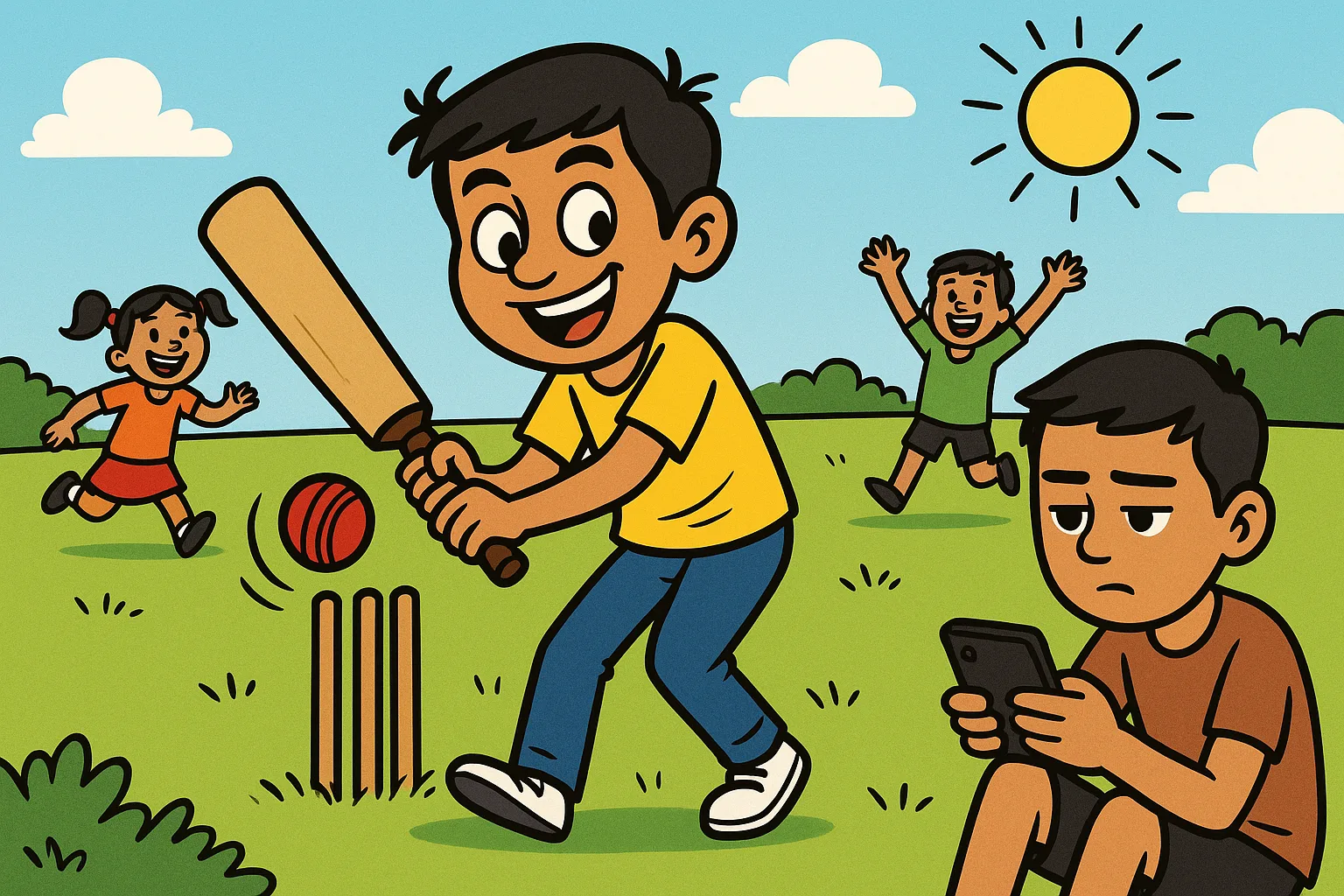 Aditya bahar bacchon ke saath cricket khelta hua - cartoon