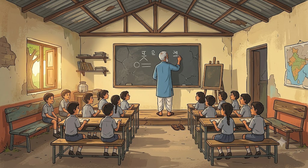 Ram Prasad Sir apni purani class mein blackboard pe likhte hue - 35 saal ki yaadein - cartoon