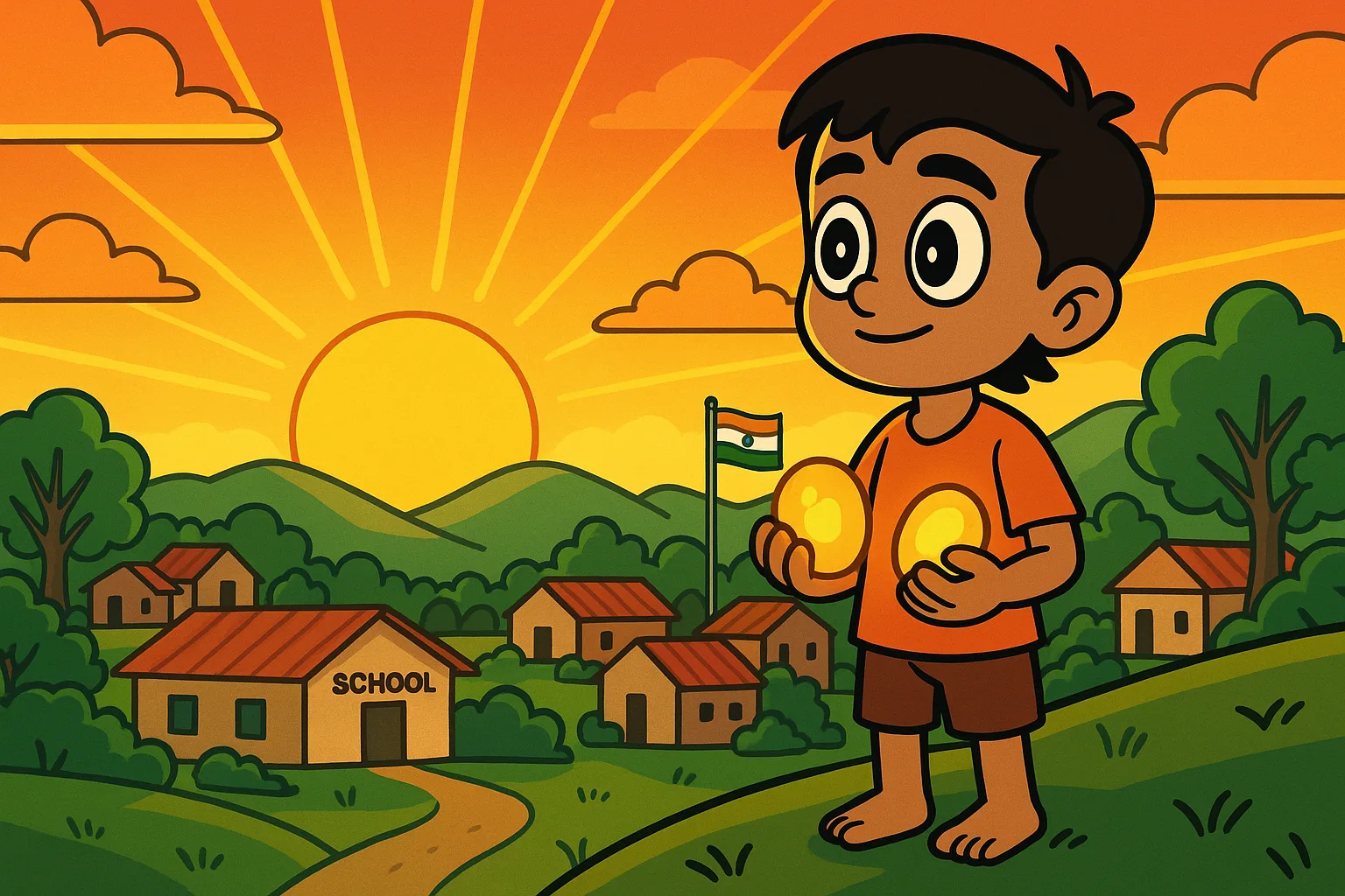 Arjun apne gaon mein school ke saamne - cartoon