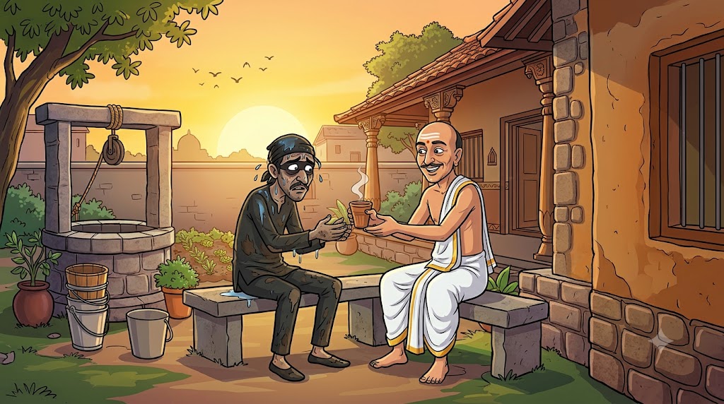 Tenali aur chor saath mein chai peete hue - subah - cartoon