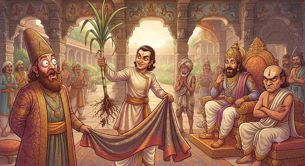 Tenali Raman darbar mein reshmi kapde se jad samet ganna nikaal kar dikhate hue, hairaan Farhad Beg - tenali raman stories in hindi